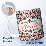 Personalized Custom Name Gothic Black Pink Ornate Floral Seamless Pattern Vintage Style Name 11oz Ceramic Coffee Tea Mug White Large Handle
