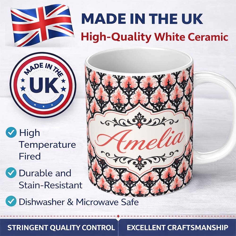 Personalized Custom Name Gothic Black Pink Ornate Floral Seamless Pattern Vintage Style Name 11oz Ceramic Coffee Tea Mug White Large Handle
