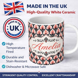 Personalized Custom Name Gothic Black Pink Ornate Floral Seamless Pattern Vintage Style Name 11oz Ceramic Coffee Tea Mug White Large Handle