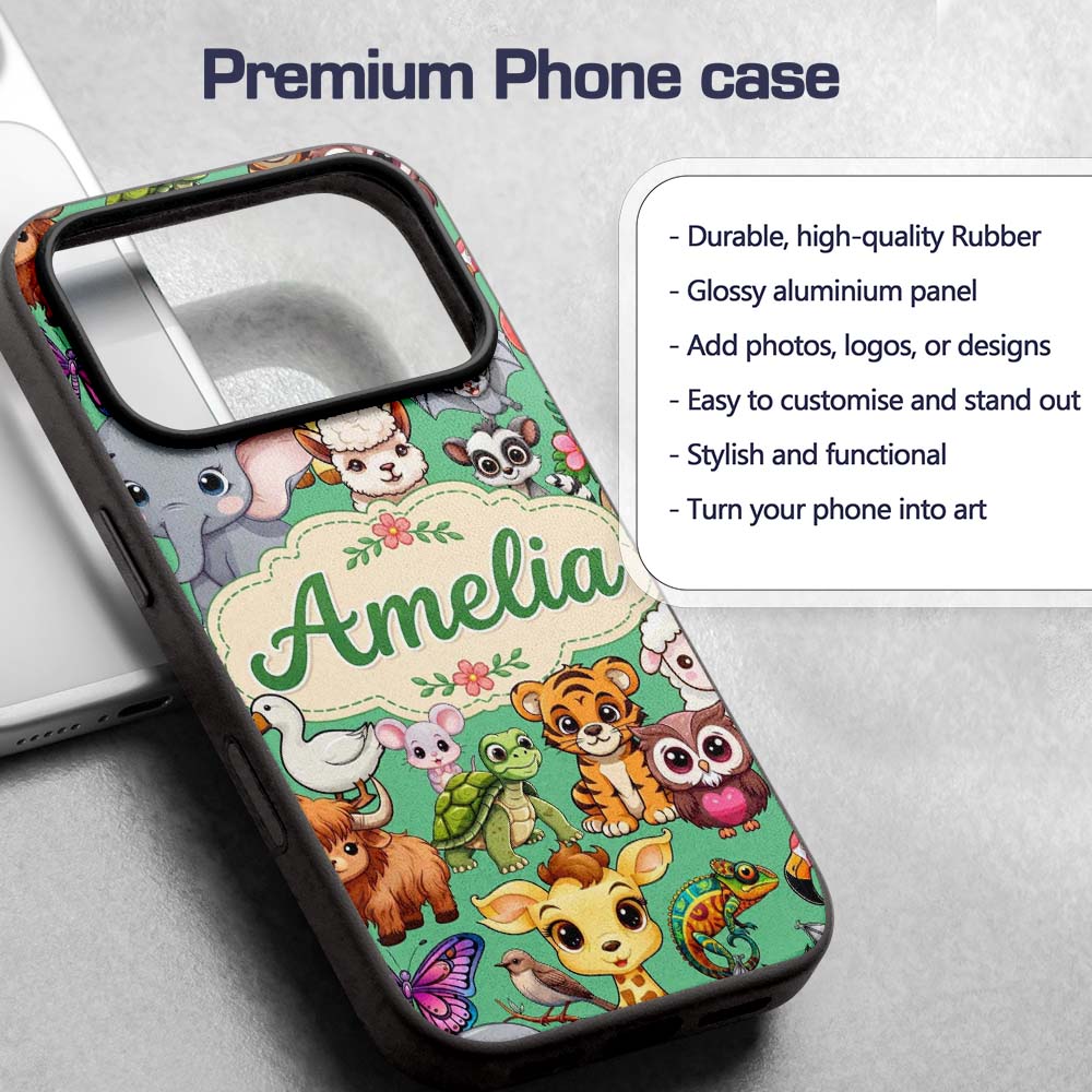 Cute Cartoon Jungle Safari Animals Printed Design Custom Name Protective Phone Case Mobile Cover Durable Everyday Smartphone Shock Resistant