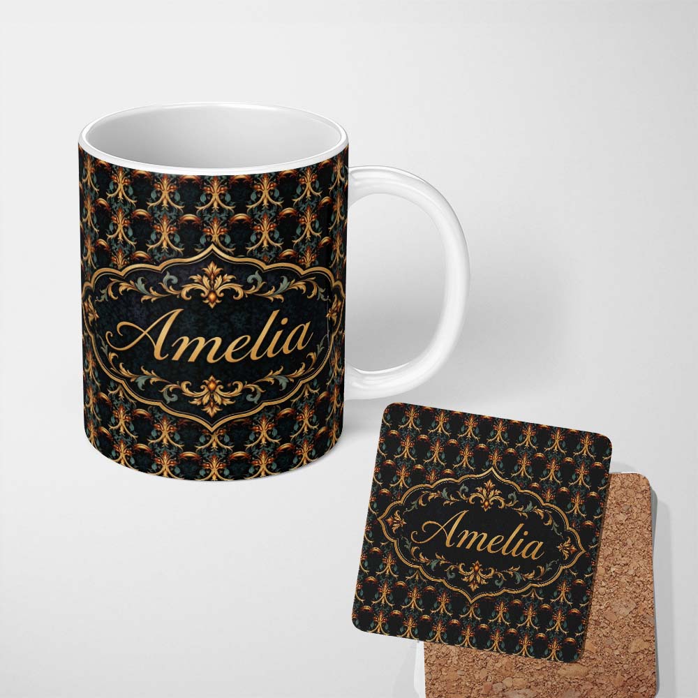 Personalized Custom Name Baroque Gold Teal Ornamental Seamless Pattern Luxury Vintage Style 11oz Ceramic Coffee Tea Mug White Large Handle