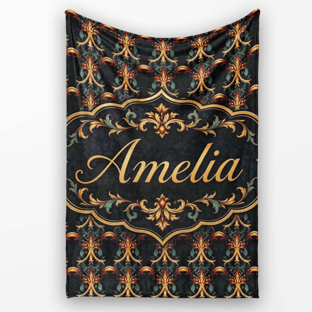 Baroque Gold Teal Ornamental Seamless Pattern Luxury Vintage Style  Personalised Custom Name Super Soft Fleece Blanket Bed Sofa Throw