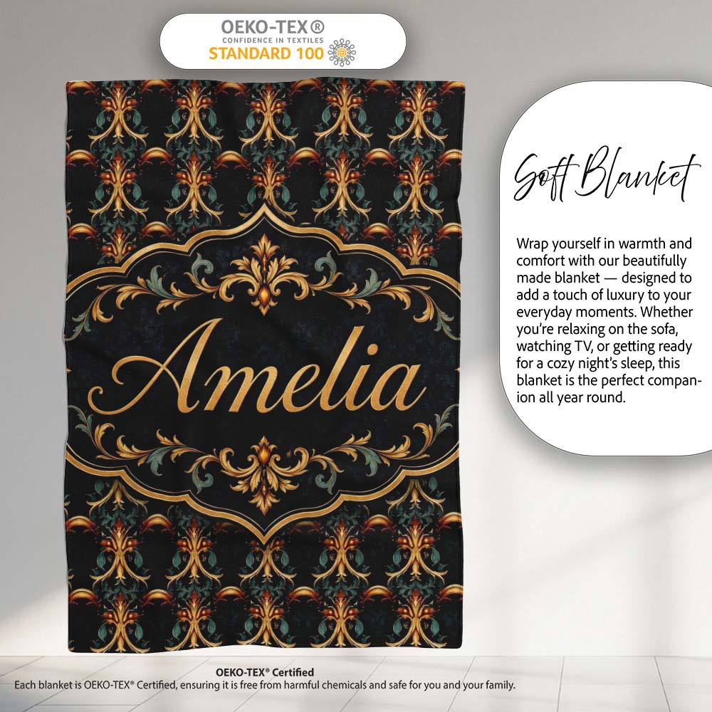 Baroque Gold Teal Ornamental Seamless Pattern Luxury Vintage Style  Personalised Custom Name Super Soft Fleece Blanket Bed Sofa Throw