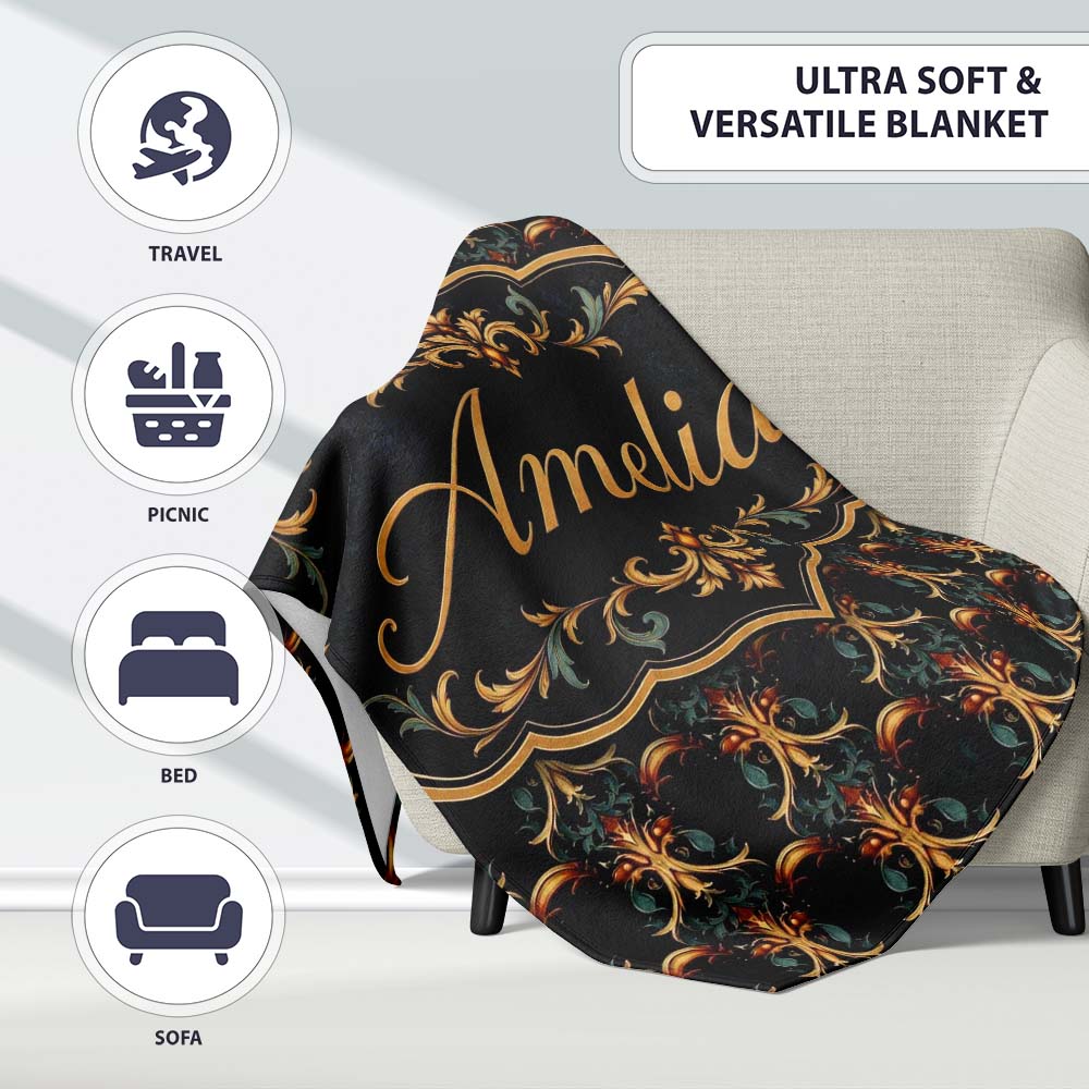 Baroque Gold Teal Ornamental Seamless Pattern Luxury Vintage Style  Personalised Custom Name Super Soft Fleece Blanket Bed Sofa Throw