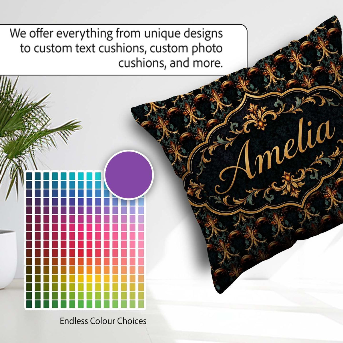Custom Name Baroque Gold Teal Ornamental Seamless Pattern Luxury Square Filled Cushion Throw Pillow Sofa Bed Home Decor Zip Washable UK Made