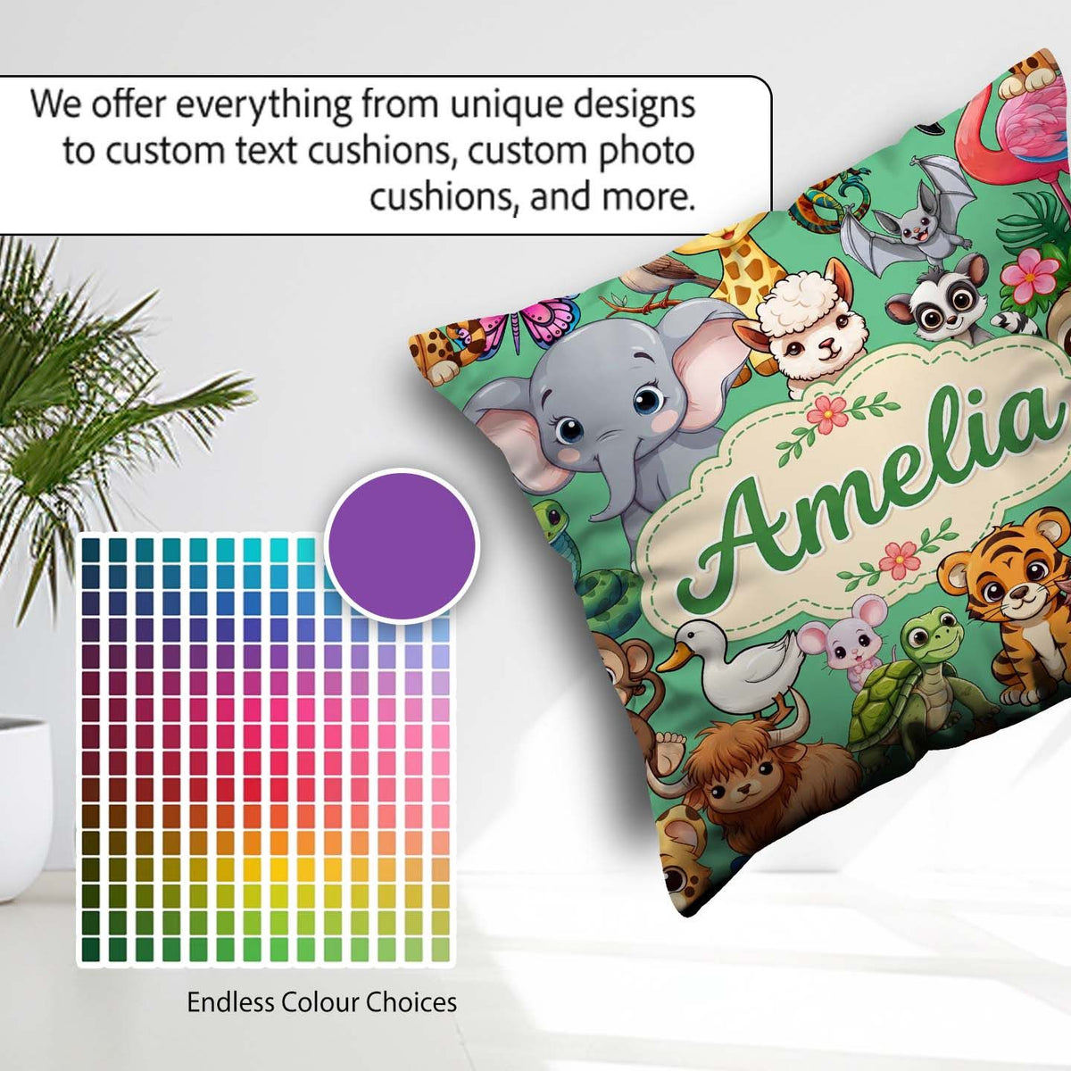 Custom Name Cute Cartoon Jungle Safari Animals Seamless on Green Square Filled Cushion Throw Pillow Sofa Bed Home Decor Zip Washable UK Made
