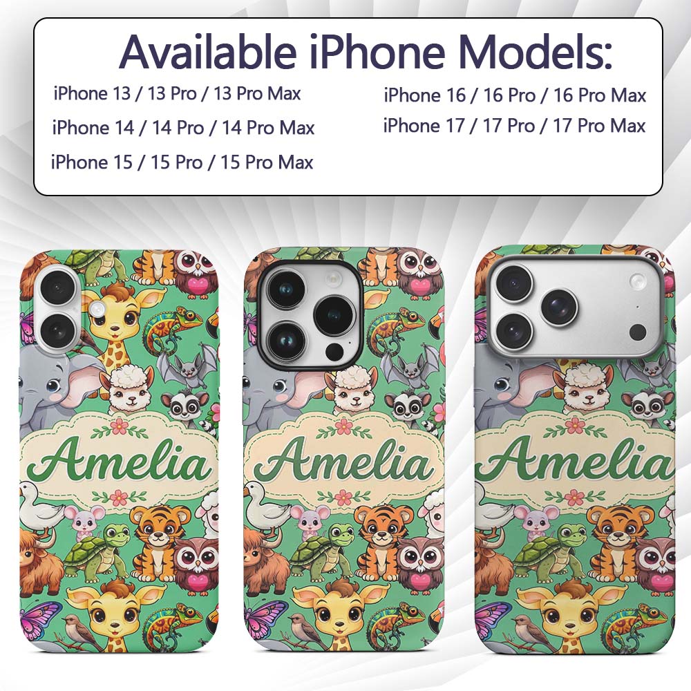 Cute Cartoon Jungle Safari Animals Printed Design Custom Name Protective Phone Case Mobile Cover Durable Everyday Smartphone Shock Resistant