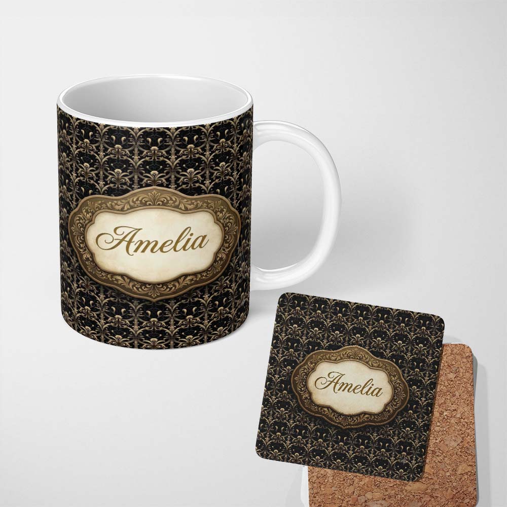 Personalized Custom Name Classic Gold Black Victorian Damask Seamless Pattern Royal Style 11oz Ceramic Coffee Tea Mug White Large Handle