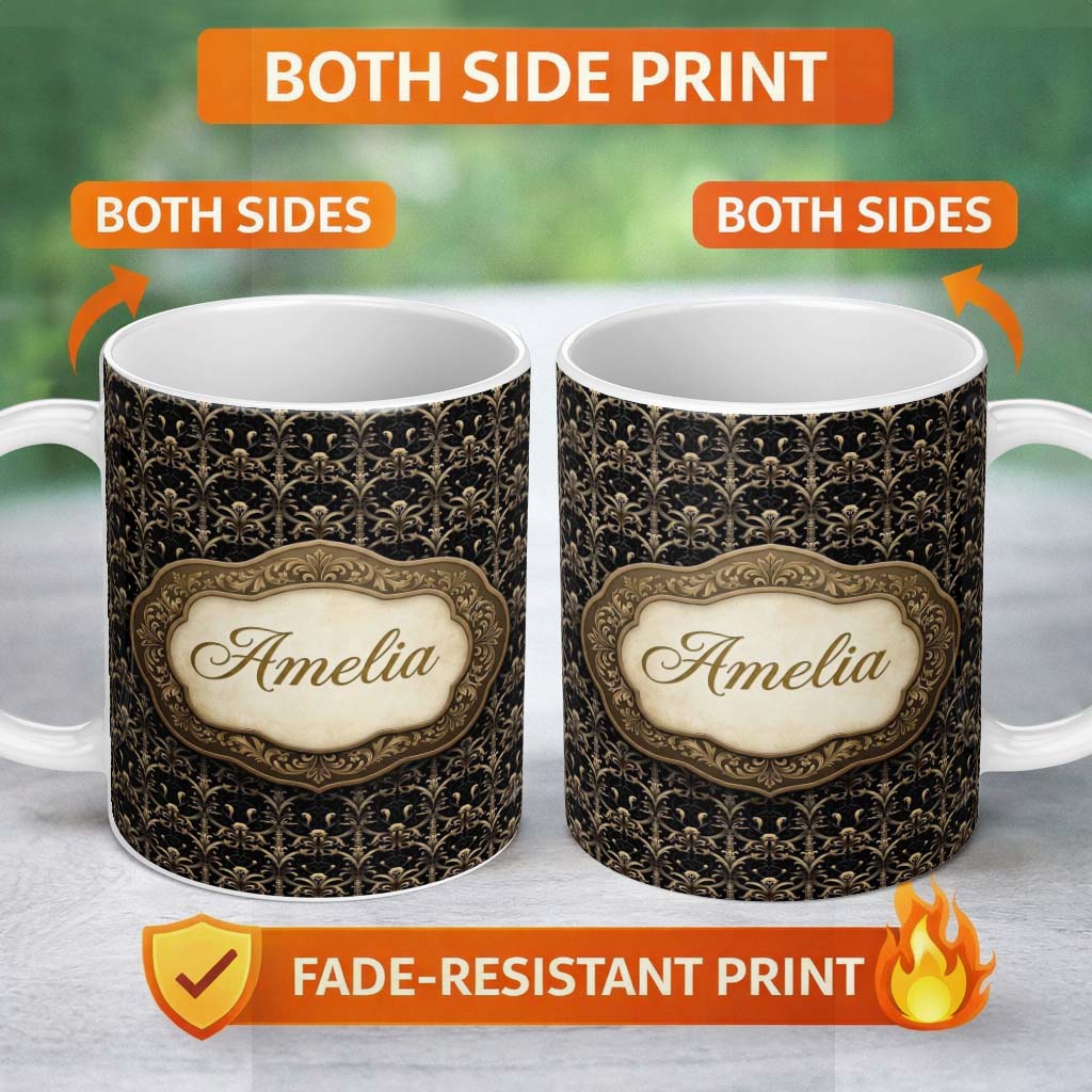 Personalized Custom Name Classic Gold Black Victorian Damask Seamless Pattern Royal Style 11oz Ceramic Coffee Tea Mug White Large Handle