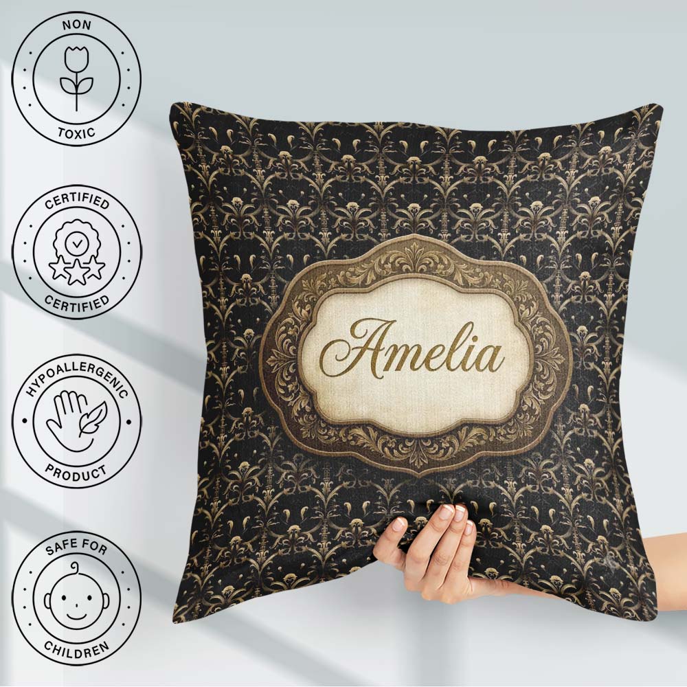 Custom Name Classic Gold Black Victorian Damask Seamless Pattern Square Filled Cushion Throw Pillow Sofa Bed Home Decor Zip Washable UK Made