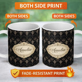 Personalized Custom Name Dark Elegant Baroque Scroll Seamless Pattern Antique Style Name Cute 11oz Ceramic Coffee Tea Mug White Large Handle