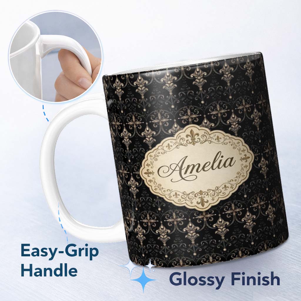 Personalized Custom Name Dark Elegant Baroque Scroll Seamless Pattern Antique Style Name Cute 11oz Ceramic Coffee Tea Mug White Large Handle