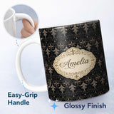 Personalized Custom Name Dark Elegant Baroque Scroll Seamless Pattern Antique Style Name Cute 11oz Ceramic Coffee Tea Mug White Large Handle