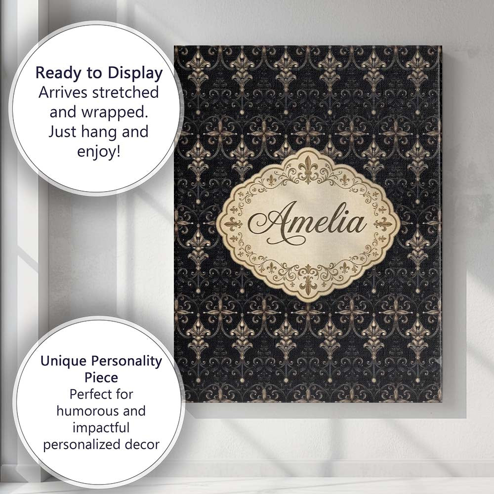 Personalised Name Dark Elegant Baroque Custom  Unique Gift Idea Modern Room Accent Canvas Wall Art Print Decor Picture Ready to Hang