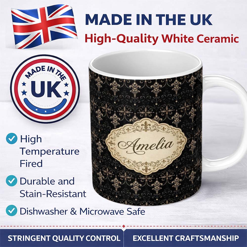 Personalized Custom Name Dark Elegant Baroque Scroll Seamless Pattern Antique Style Name Cute 11oz Ceramic Coffee Tea Mug White Large Handle