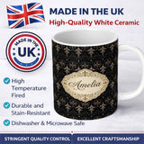 Personalized Custom Name Dark Elegant Baroque Scroll Seamless Pattern Antique Style Name Cute 11oz Ceramic Coffee Tea Mug White Large Handle