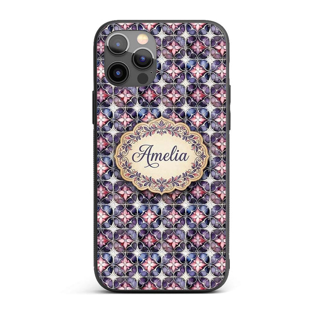 Purple Pink Geometric Floral Tile Printed Design Custom Name Protective Phone Case Mobile Cover Durable Everyday Smartphone Shock Resistant