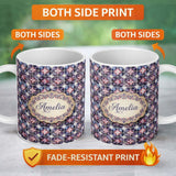 Personalized Custom Name Purple Pink Geometric Floral Tile Seamless Pattern Vintage Style 11oz Ceramic Coffee Tea Mug White Large Handle