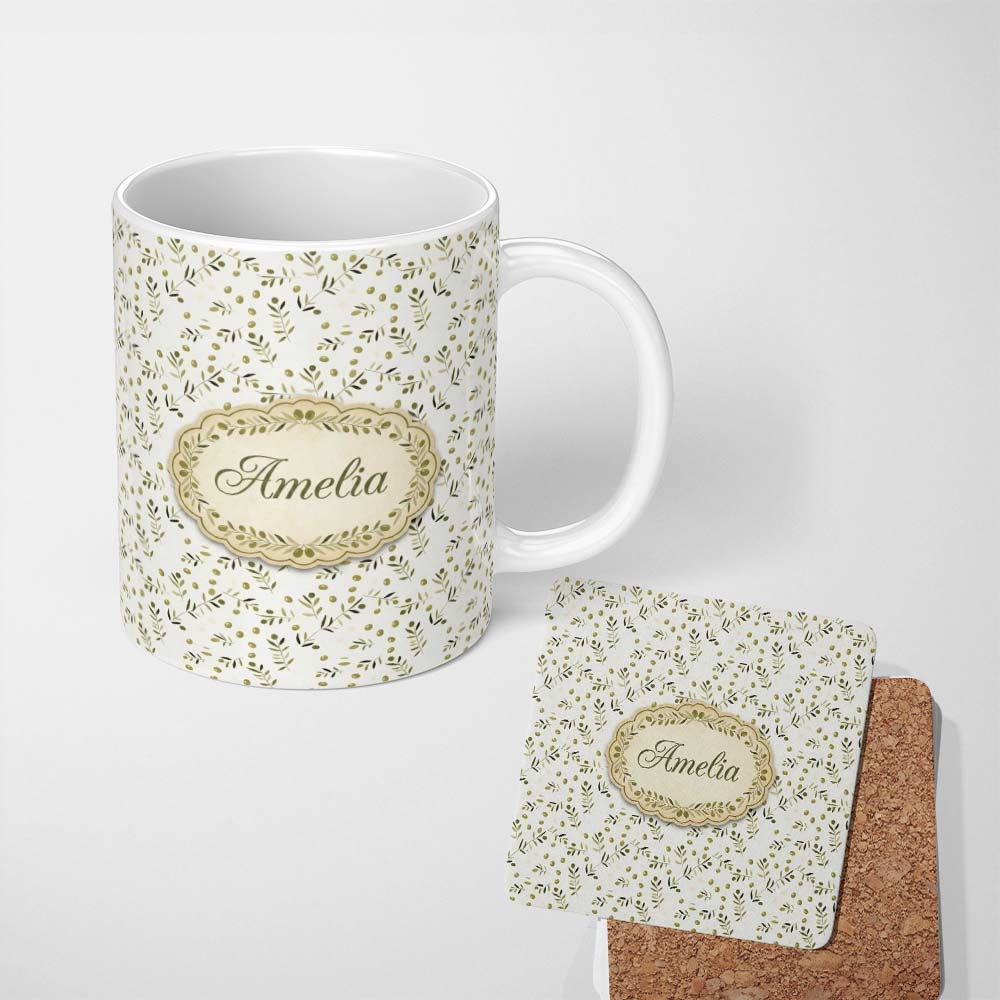 Personalized Custom Name Green Olive Branch Minimal Seamless Pattern on Light Background 11oz Ceramic Coffee Tea Mug White Large Handle