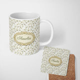 Personalized Custom Name Green Olive Branch Minimal Seamless Pattern on Light Background 11oz Ceramic Coffee Tea Mug White Large Handle