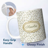 Personalized Custom Name Green Olive Branch Minimal Seamless Pattern on Light Background 11oz Ceramic Coffee Tea Mug White Large Handle