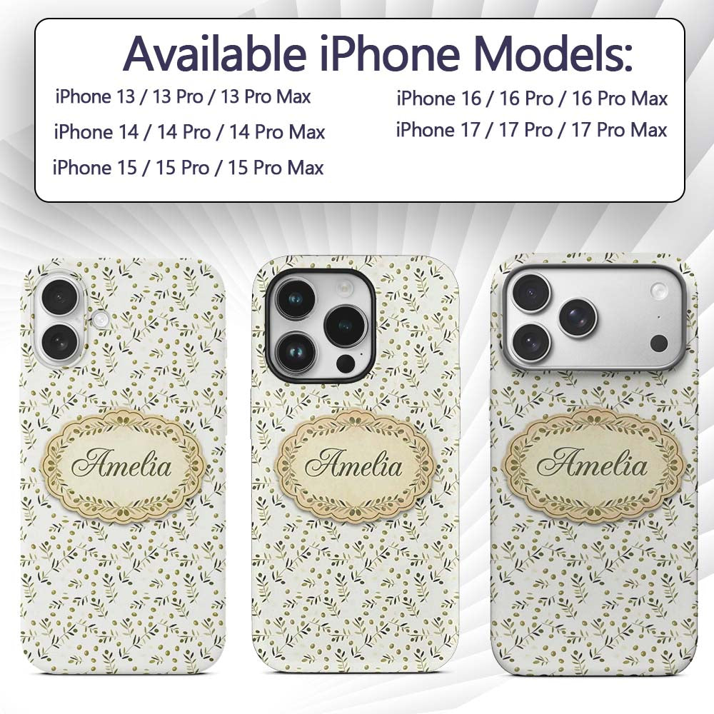 Green Olive Branch Minimal Seamless Pattern on Custom Name Protective Phone Case Mobile Cover Durable Everyday Smartphone Shock Resistant