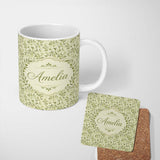 Personalized Custom Name Soft Olive Leaves Watercolor Seamless Pattern Natural Botanical 11oz Ceramic Coffee Tea Mug White Large Handle