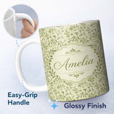 Personalized Custom Name Soft Olive Leaves Watercolor Seamless Pattern Natural Botanical 11oz Ceramic Coffee Tea Mug White Large Handle