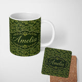 Personalized Custom Name Dark Green Olive Branches Seamless Pattern Rustic Botanical Name 11oz Ceramic Coffee Tea Mug White Large Handle