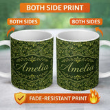 Personalized Custom Name Dark Green Olive Branches Seamless Pattern Rustic Botanical Name 11oz Ceramic Coffee Tea Mug White Large Handle