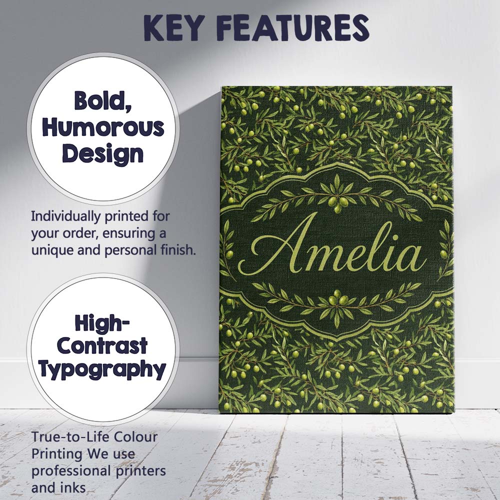 Personalised Name Dark Green Olive Branches Custom  Bespoke Interior Contemporary Canvas Wall Art Print Decor Picture Ready to Hang