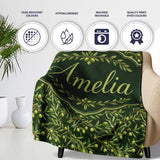 Dark Green Olive Branches Seamless Pattern Rustic Botanical Name  Personalised Custom Name Super Soft Fleece Blanket Bed Sofa Throw