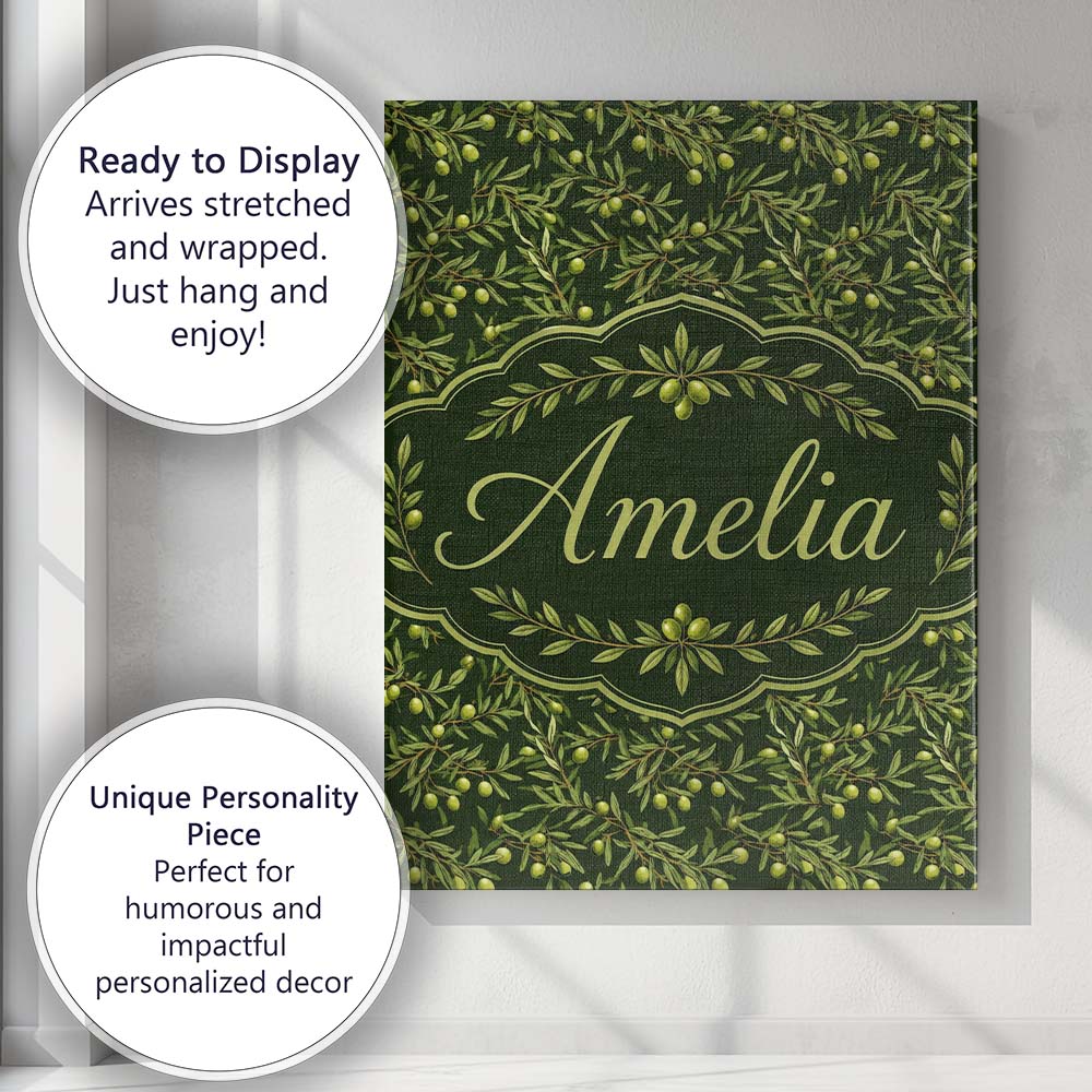 Personalised Name Dark Green Olive Branches Custom  Bespoke Interior Contemporary Canvas Wall Art Print Decor Picture Ready to Hang