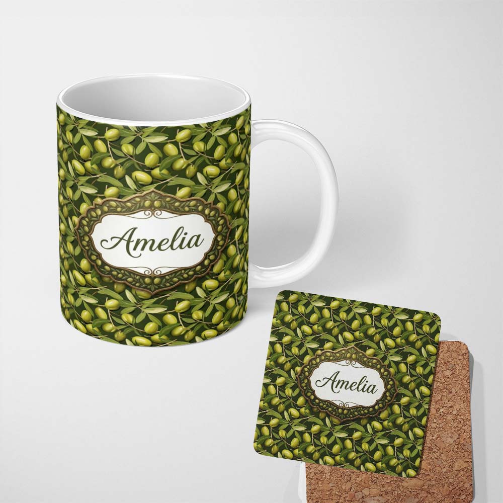 Personalized Custom Name Realistic Olive Fruit Leaves Seamless Pattern Deep Green Background 11oz Ceramic Coffee Tea Mug White Large Handle