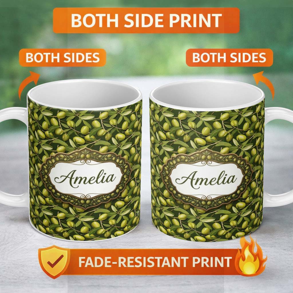 Personalized Custom Name Realistic Olive Fruit Leaves Seamless Pattern Deep Green Background 11oz Ceramic Coffee Tea Mug White Large Handle