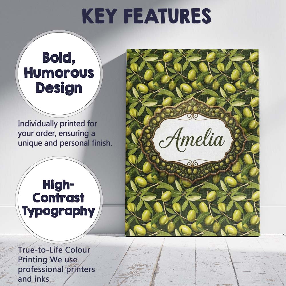 Personalised Name Realistic Olive Fruit Custom  Modern Room Accent Elegant Feature Canvas Wall Art Print Decor Picture Ready to Hang