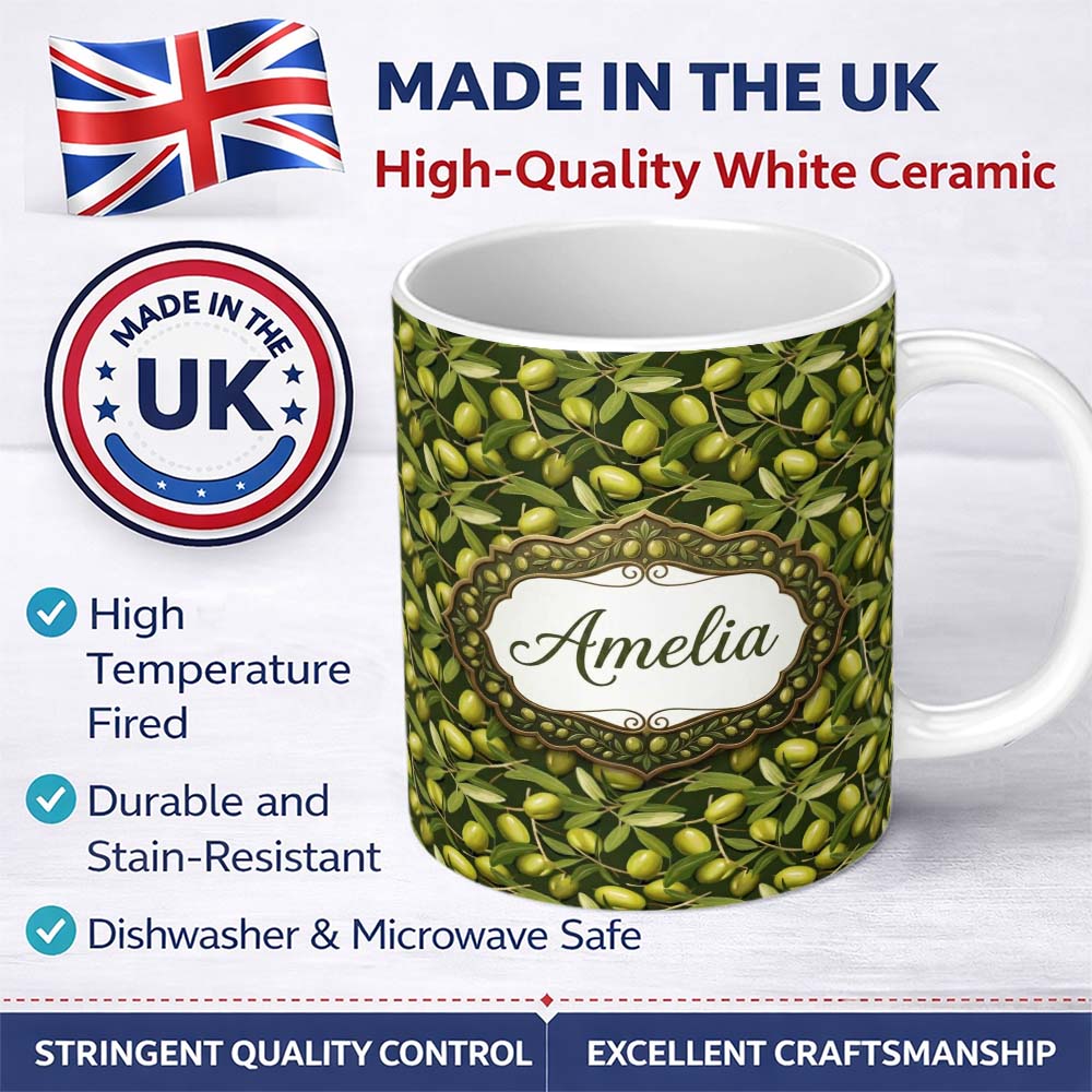 Personalized Custom Name Realistic Olive Fruit Leaves Seamless Pattern Deep Green Background 11oz Ceramic Coffee Tea Mug White Large Handle