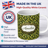 Personalized Custom Name Realistic Olive Fruit Leaves Seamless Pattern Deep Green Background 11oz Ceramic Coffee Tea Mug White Large Handle