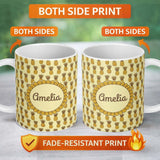 Personalized Custom Name Cute Pineapple Doodle Seamless Pattern Yellow Tropical Fruit Name 11oz Ceramic Coffee Tea Mug White Large Handle