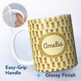Personalized Custom Name Cute Pineapple Doodle Seamless Pattern Yellow Tropical Fruit Name 11oz Ceramic Coffee Tea Mug White Large Handle