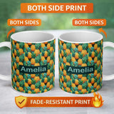 Personalized Custom Name Vibrant Pineapple Tropical Seamless Pattern Lush Exotic Fruit 11oz Ceramic Coffee Tea Mug White Large Handle