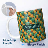Personalized Custom Name Vibrant Pineapple Tropical Seamless Pattern Lush Exotic Fruit 11oz Ceramic Coffee Tea Mug White Large Handle
