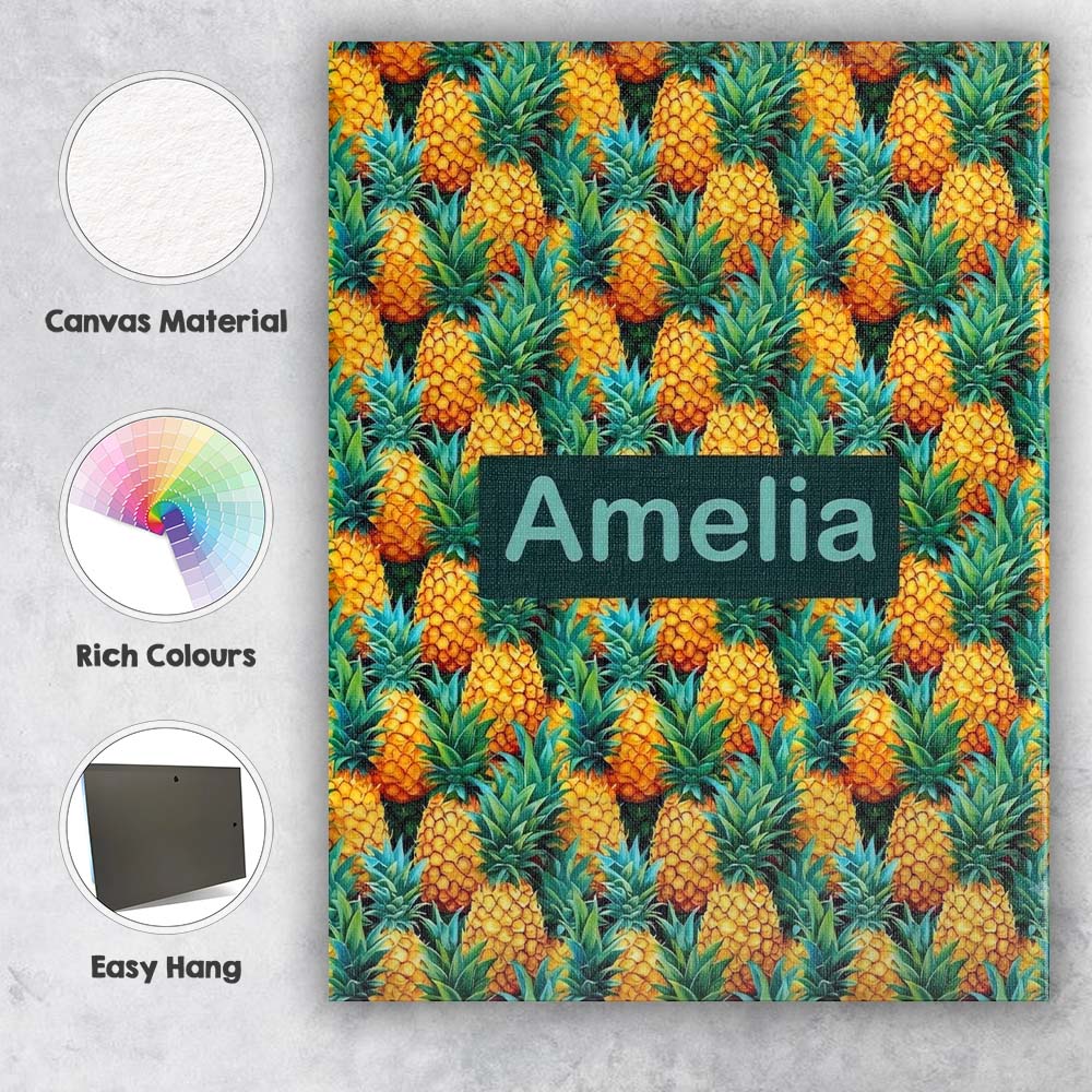 Personalised Name Vibrant Pineapple Tropical Custom Bespoke  Contemporary Display Canvas Wall Art Print Decor Picture Ready to Hang