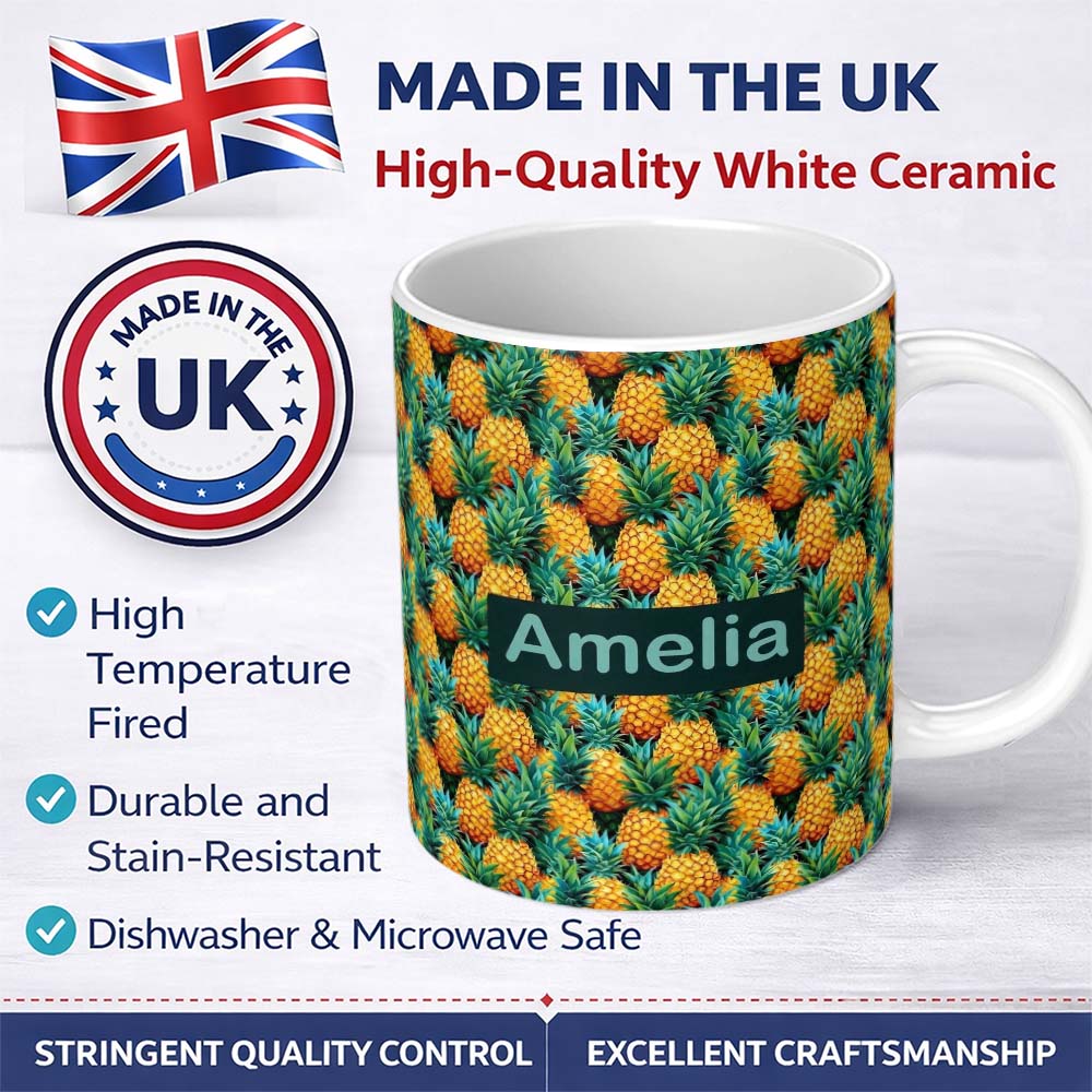 Personalized Custom Name Vibrant Pineapple Tropical Seamless Pattern Lush Exotic Fruit 11oz Ceramic Coffee Tea Mug White Large Handle