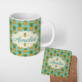 Personalized Custom Name Blue Background Pineapple Seamless Pattern Bright Tropical Fruit 11oz Ceramic Coffee Tea Mug White Large Handle