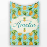 Blue Background Pineapple Seamless Pattern Bright Tropical Fruit  Personalised Custom Name Super Soft Fleece Blanket Bed Sofa Throw