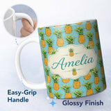 Personalized Custom Name Blue Background Pineapple Seamless Pattern Bright Tropical Fruit 11oz Ceramic Coffee Tea Mug White Large Handle