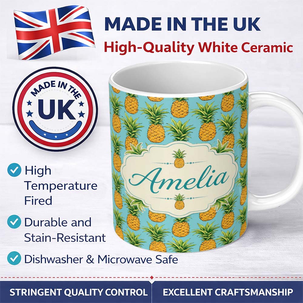 Personalized Custom Name Blue Background Pineapple Seamless Pattern Bright Tropical Fruit 11oz Ceramic Coffee Tea Mug White Large Handle