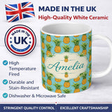 Personalized Custom Name Blue Background Pineapple Seamless Pattern Bright Tropical Fruit 11oz Ceramic Coffee Tea Mug White Large Handle