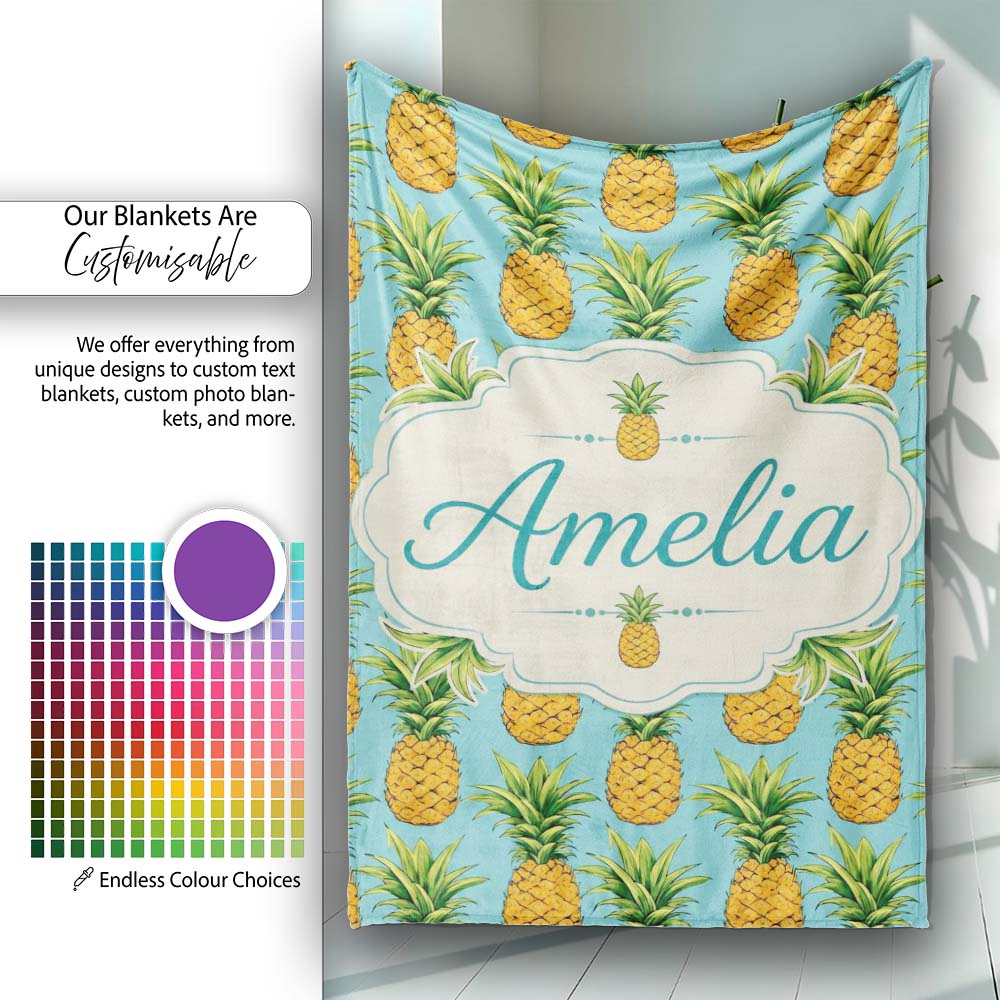Blue Background Pineapple Seamless Pattern Bright Tropical Fruit  Personalised Custom Name Super Soft Fleece Blanket Bed Sofa Throw